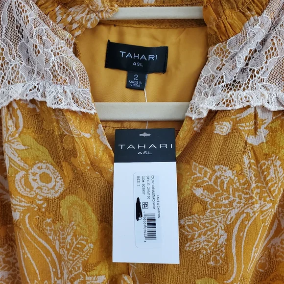 Tahari ASL Lace-Trim Tierred Split Neck Dress SZ 2 NWT Mustard Coquette Girl - Picture 7 of 11
